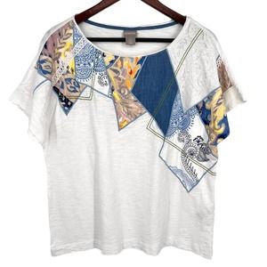 Chicos Sz 2 LARGE White Blue Patchwork Wearable Art Blouse Shirt Top Summer